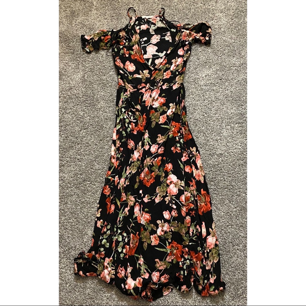 WRAP FLORAL DRESS, OFF THE SHOULDER MAXI